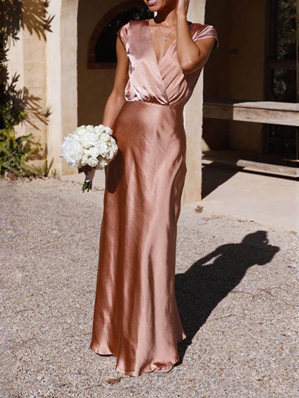 Delia - Satin Fishtail Maxi Dress with V-Neck for Women