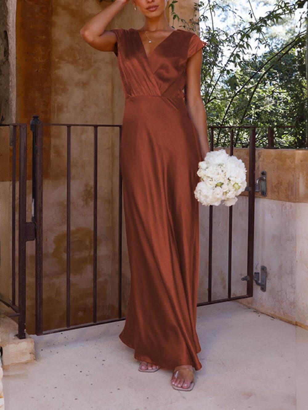 Delia - Satin Fishtail Maxi Dress with V-Neck for Women