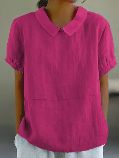 Women's Linen Blouse with Peter Pan Collar, Short Sleeve, Breathable