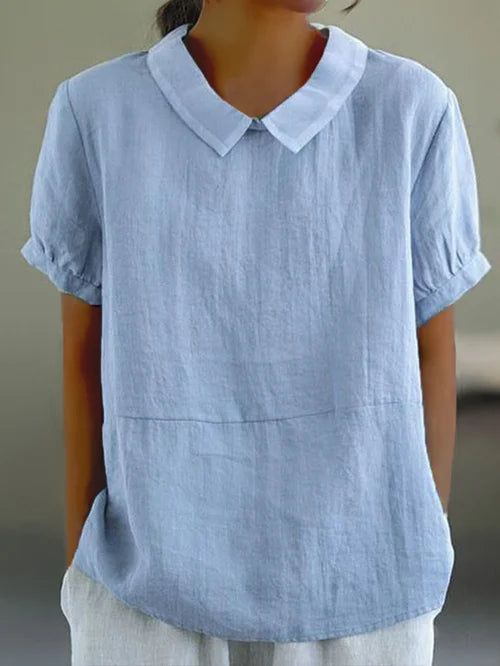 Women's Linen Blouse with Peter Pan Collar, Short Sleeve, Breathable