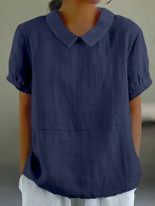 Women's Linen Blouse with Peter Pan Collar, Short Sleeve, Breathable