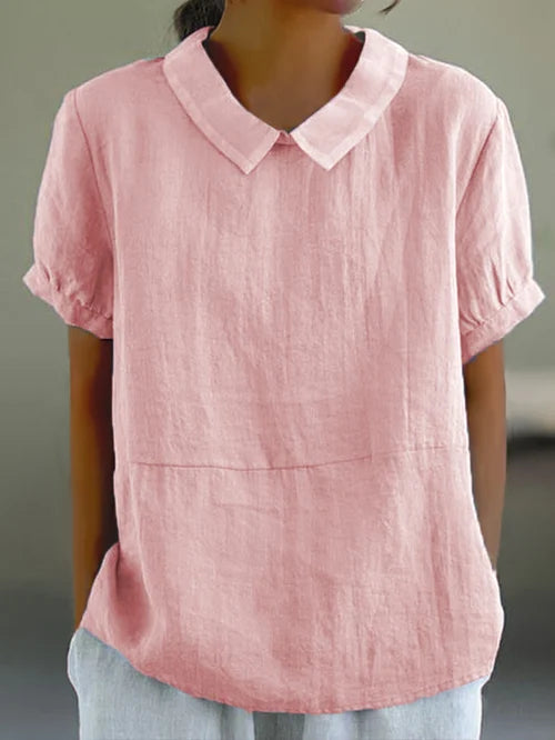 Women's Linen Blouse with Peter Pan Collar, Short Sleeve, Breathable