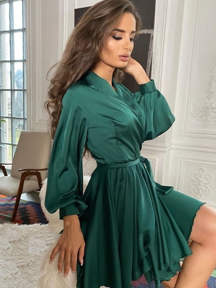 Marina - Satin Wrap Dress with Long Sleeves for Women