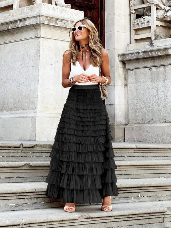 Women's Maxi Skirt with High Waist and Layered Pattern | Summer
