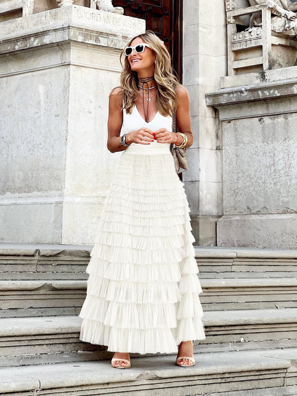 Women's Maxi Skirt with High Waist and Layered Pattern | Summer
